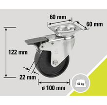 "Rotiță pivotantă cu frână și dimensiunile 60 mm x 60 mm (placă de montaj), 122 mm (înălțime), 22 mm (lățime roată) și 100 mm (diametru roată)