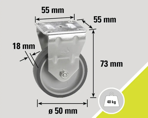 Roată pivotantă cu dimensiunile de 55 x 55 x 73 milimetri și o capacitate portantă de 40 kilograme