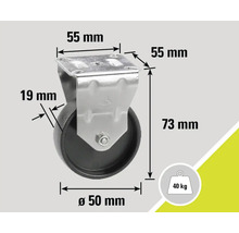 Roată pivotantă cu dimensiunile 55 mm pe 55 mm, 73 mm înălțime, diametrul roții 50 mm, grosimea roții 19 mm, capacitate portantă 40 kilograme