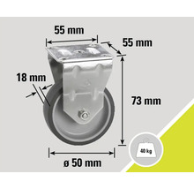 Rotiță pivotantă cu dimensiunile 55 mm x 55 mm x 73 mm și o capacitate de încărcare de 40 kg