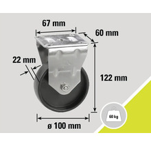 Rola cu dimensiunile 67 mm x 60 mm, diametrul roții 100 mm, înălțimea de construcție 122 mm, lățimea roții 22 mm, capacitate portantă 60 kg