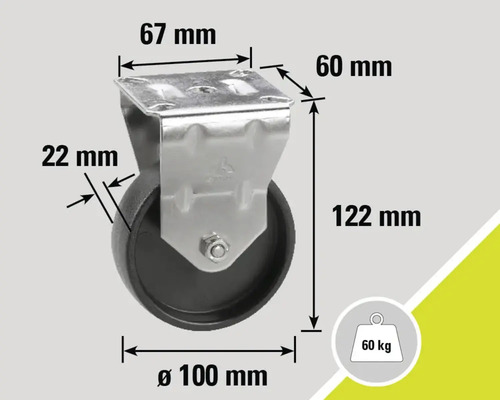 Rola cu dimensiunile 67 mm x 60 mm, diametrul roții 100 mm, înălțimea de construcție 122 mm, lățimea roții 22 mm, capacitate portantă 60 kg