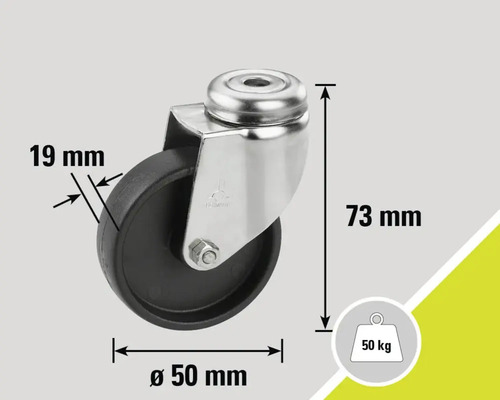 Rotiță pivotantă cu dimensiunile diametru 50 mm, lățime 19 mm și înălțime 73 mm, capacitate portantă 50 kg