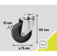 Rată cu dimensiunile de 75 mm diametru, 25 mm lățime și 101 mm înălțime, capacitate portantă 60 de kilograme