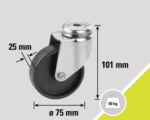 Rată cu dimensiunile de 75 mm diametru, 25 mm lățime și 101 mm înălțime, capacitate portantă 60 de kilograme