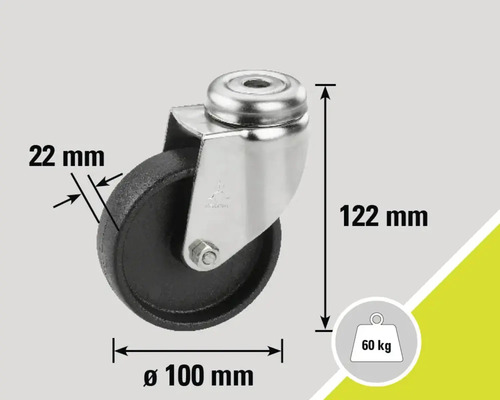 Roată pivotantă cu dimensiunile 122 mm înălțime, 100 mm diametru și 22 mm lățime, capacitate portantă 60 kg