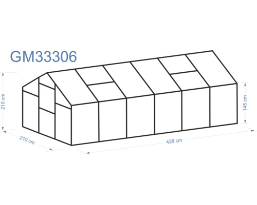 Imagine cu o seră cu dimensiunile de 210 cm înălțime, 210 cm lățime și 428 cm lungime