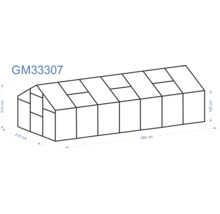 Imaginea unei sere cu dimensiunile de 484 cm lungime, 210 cm lățime și 210 cm înălțime la fronton, precum și 145 cm înălțime pe lateral