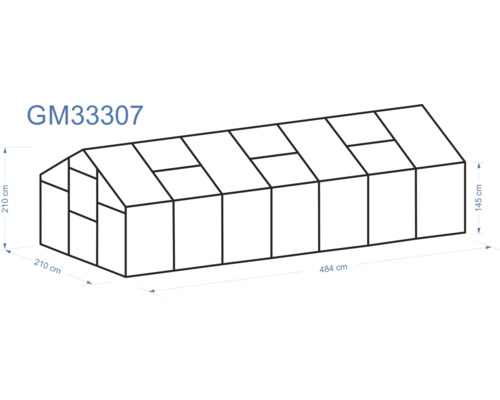 Imaginea unei sere cu dimensiunile de 484 cm lungime, 210 cm lățime și 210 cm înălțime la fronton, precum și 145 cm înălțime pe lateral