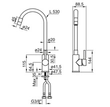 Desen tehnic al unui robinet de bucătărie cu dimensiuni