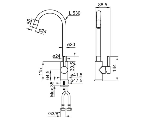 Desen tehnic al unui robinet de bucătărie cu dimensiuni