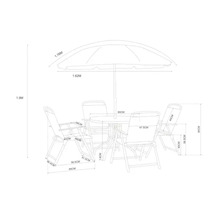 Schiță a unui set de mobilier de grădină cu masă, scaune și umbrelă de soare, inclusiv dimensiuni