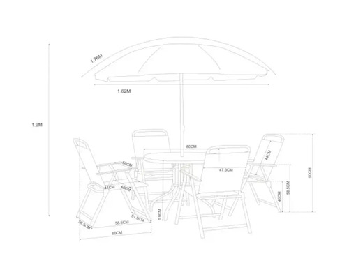 Schiță a unui set de mobilier de grădină cu masă, scaune și umbrelă de soare, inclusiv dimensiuni