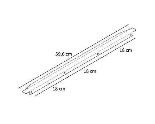 Desen al unui profil de 59,6 cm lungime cu găuri și o lungime de 18 cm la ambele capete.
