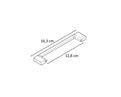 Desen al unui mâner de mobilă cu dimensiunile de 16,3 cm și 12,8 cm.