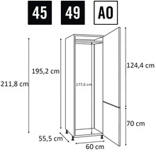 Dimensiunile unui dulap prezentate ca un desen liniar.