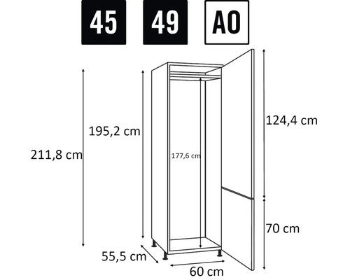 Dimensiunile unui dulap prezentate ca un desen liniar.