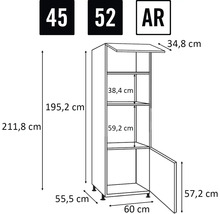 Desen dimensional al unui dulap de bucătărie cu dimensiunile de înălțime, lățime și adâncime