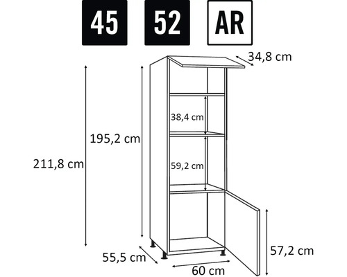 Desen dimensional al unui dulap de bucătărie cu dimensiunile de înălțime, lățime și adâncime