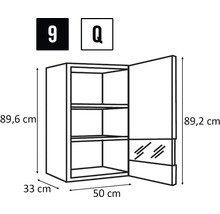 Schiță a unui dulap de perete cu dimensiunile de 89,6 cm înălțime, 33 cm adâncime și 50 cm lățime.