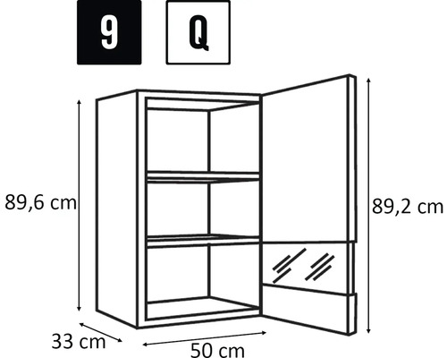 Schiță a unui dulap de perete cu dimensiunile de 89,6 cm înălțime, 33 cm adâncime și 50 cm lățime.