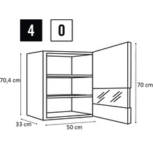 Desen tehnic al unui dulap suspendat cu dimensiunile 70,4 cm înălțime, 33 cm adâncime și 50 cm lățime