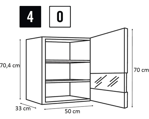 Desen tehnic al unui dulap suspendat cu dimensiunile 70,4 cm înălțime, 33 cm adâncime și 50 cm lățime