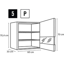 Desen tehnic al dulapului de perete cu dimensiunile 70,4 cm înălțime, 60 cm lățime și 33 cm adâncime
