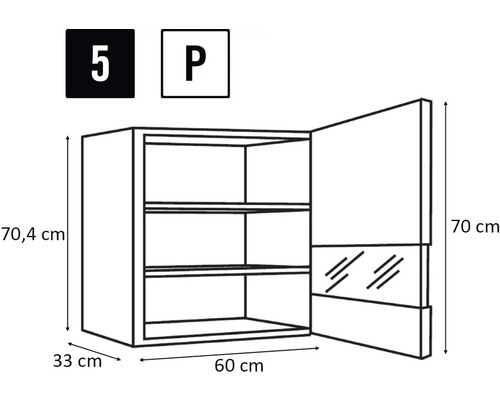 Desen tehnic al dulapului de perete cu dimensiunile 70,4 cm înălțime, 60 cm lățime și 33 cm adâncime