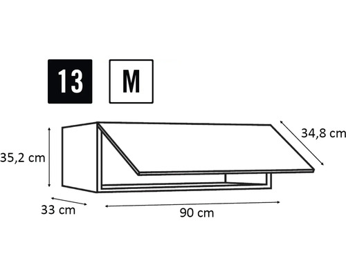Ilustrație a unui dulap de bucătărie cu dimensiunile de 90 x 35,2 x 33 centimetri