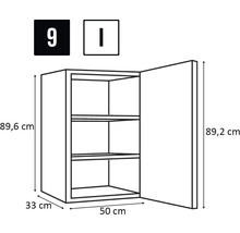 Imagine cu dulap de perete cu dimensiuni: 89,6 cm înălțime, 33 cm adâncime și 50 cm lățime.
