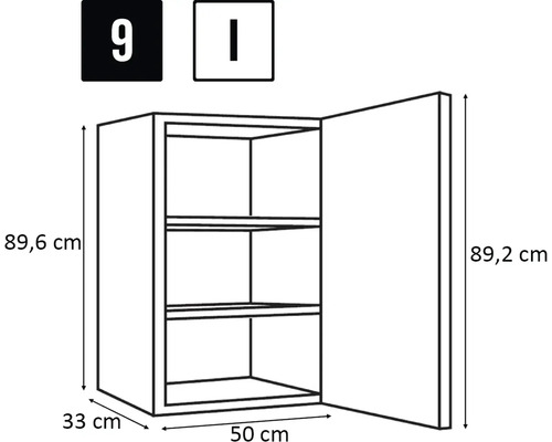 Imagine cu dulap de perete cu dimensiuni: 89,6 cm înălțime, 33 cm adâncime și 50 cm lățime.