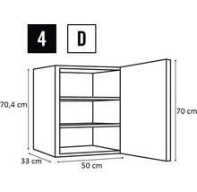 Schiță a unui dulap suspendat cu dimensiunile 70,4 cm înălțime, 33 cm adâncime și 50 cm lățime.