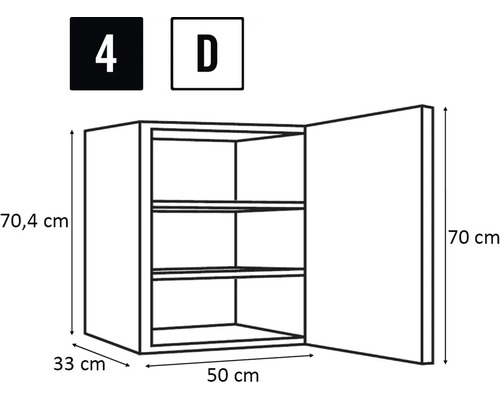 Schiță a unui dulap suspendat cu dimensiunile 70,4 cm înălțime, 33 cm adâncime și 50 cm lățime.