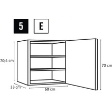 Desen tehnic al unui dulap suspendat de bucătărie cu trei rafturi și dimensiunile 70,4 cm înălțime, 33 cm adâncime și 60 cm lățime.
