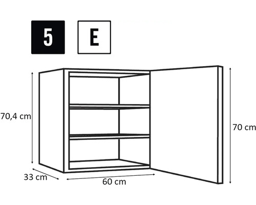 Desen tehnic al unui dulap suspendat de bucătărie cu trei rafturi și dimensiunile 70,4 cm înălțime, 33 cm adâncime și 60 cm lățime.