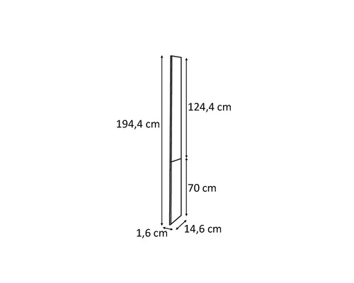 Desen tehnic al unui panou cu dimensiunile de 194,4 cm înălțime, 14,6 cm lățime și 1,6 cm adâncime