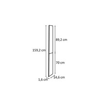 Desen al unui raft cu dimensiunile 159,2 cm înălțime, 89,2 cm și 70 cm pentru compartimentele individuale, 14,6 cm adâncime și 1,6 cm lățime.