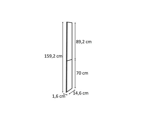 Desen al unui raft cu dimensiunile 159,2 cm înălțime, 89,2 cm și 70 cm pentru compartimentele individuale, 14,6 cm adâncime și 1,6 cm lățime.