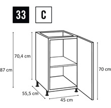 Schiță a unui dulap de bază pentru chiuvetă cu dimensiunile de 87 x 45 x 55,5 cm.