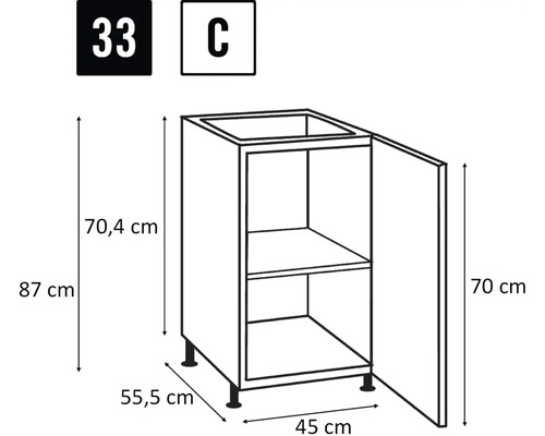 Schiță a unui dulap de bază pentru chiuvetă cu dimensiunile de 87 x 45 x 55,5 cm.