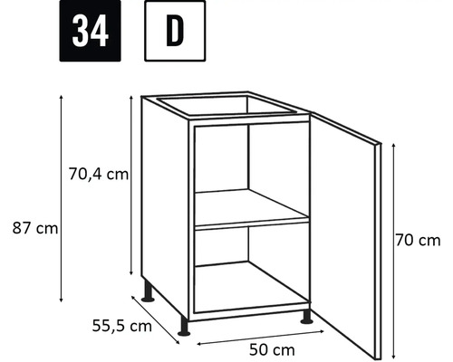 Ilustrație a unui dulap de bază de bucătărie cu dimensiunile 87 cm înălțime, 50 cm lățime și 55,5 cm adâncime