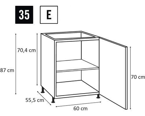 Schiță a unui dulap de bucătărie inferior cu dimensiuni