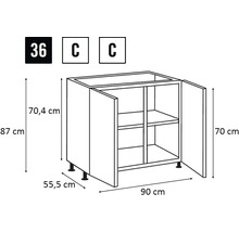 Imagine cu un dulap inferior cu dimensiunile de 90 x 87 x 55,5 centimetri.