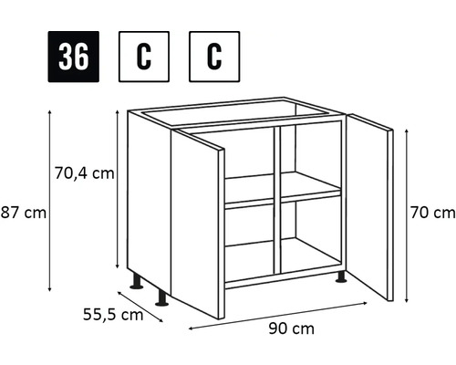 Imagine cu un dulap inferior cu dimensiunile de 90 x 87 x 55,5 centimetri.