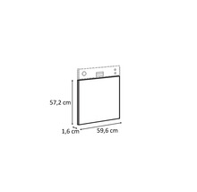 Desen al unei oglinzi cu dimensiunile de 57,2 centimetri înălțime, 59,6 centimetri lățime și 1,6 centimetri adâncime.