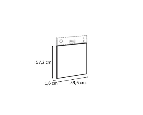 Desen al unei oglinzi cu dimensiunile de 57,2 centimetri înălțime, 59,6 centimetri lățime și 1,6 centimetri adâncime.