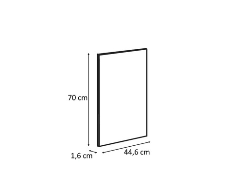 Oglindă dreptunghiulară cu dimensiunile de 70 cm înălțime, 44,6 cm lățime și 1,6 cm adâncime.