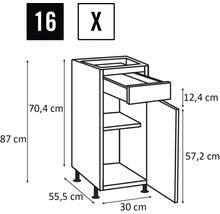 Schiță cu dulap inferior cu sertar, ușă, raft și dimensiuni