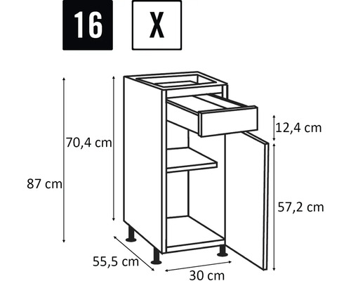 Schiță cu dulap inferior cu sertar, ușă, raft și dimensiuni